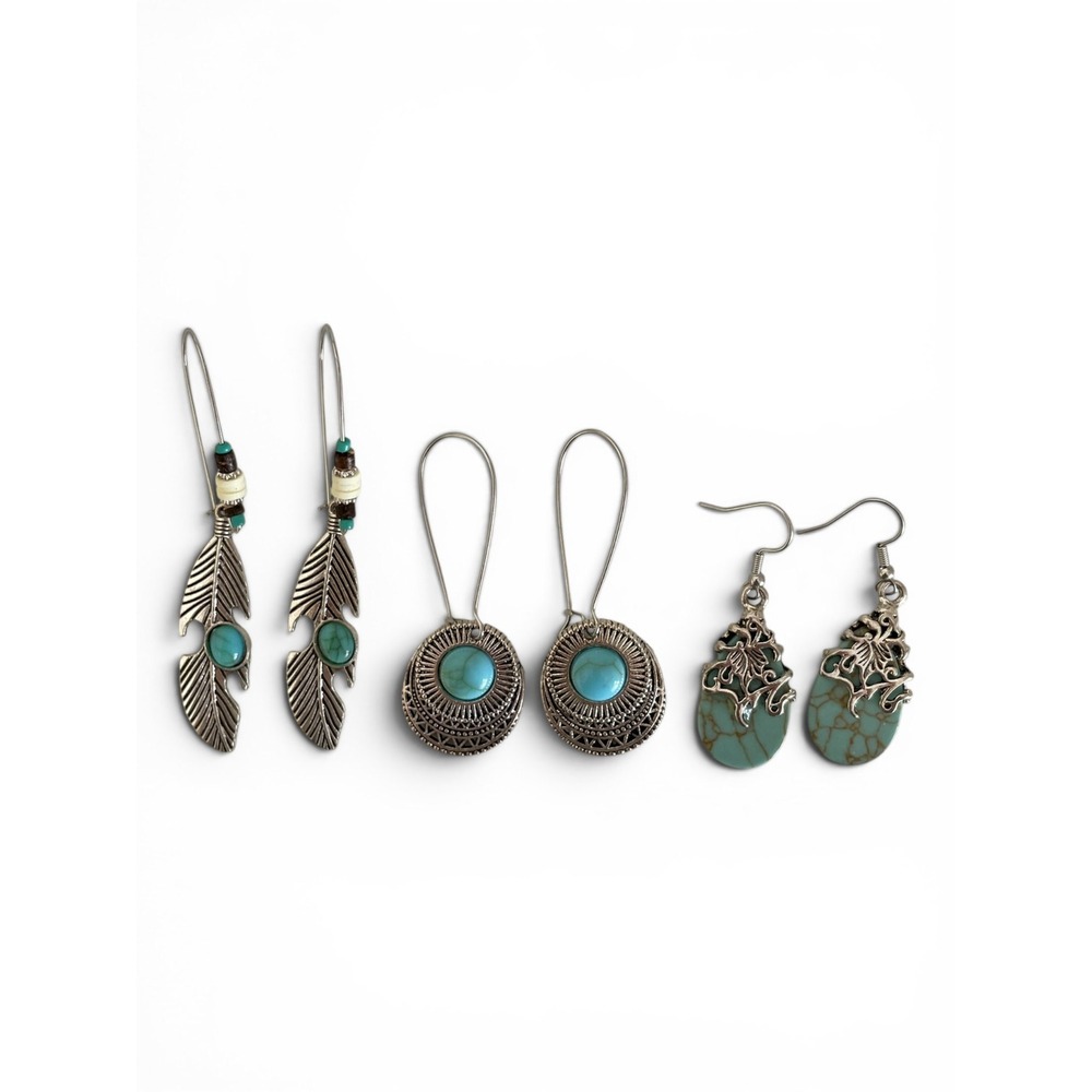 Lot of 3 Boho Earring Set Latch Back Feather Faux Turquoise Silver Tone Bundle
